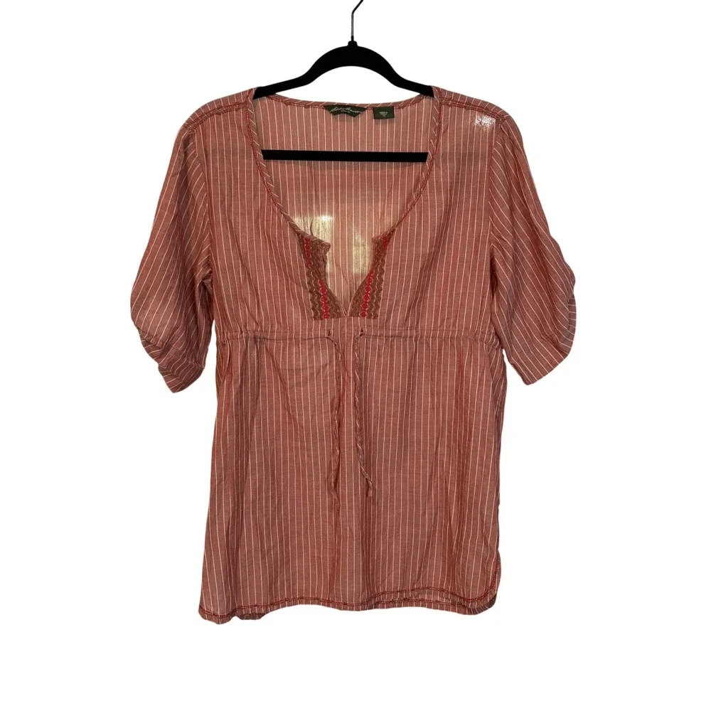 Eddie Bauer Women XS Red White Striped‎ Cotton Boho Embroidered Tunic Top